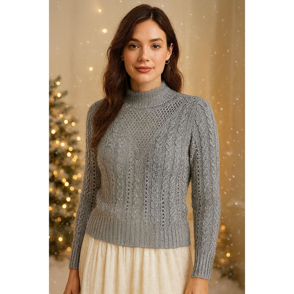 Pearl Embellished Cable Knit Sweater Gray Mock Neck Soft Cozy Winter Chic M
